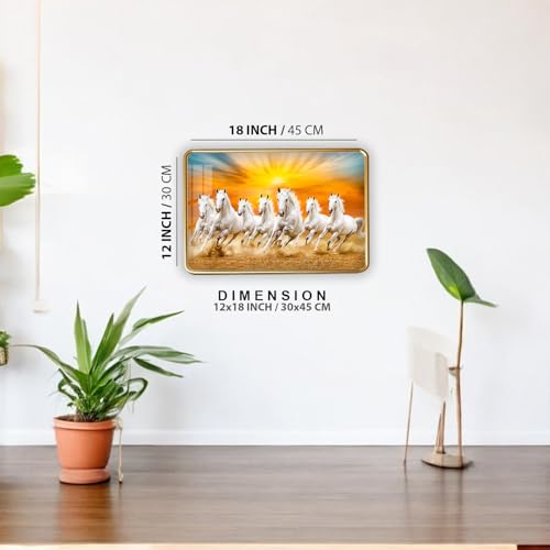 Image of Dharvika Innovations 7 Running Horses Photo Frame, Ultra High Gloss Lamination, Vastu Painting for Living Room, Office, 12x18 Inch (Design 18)
