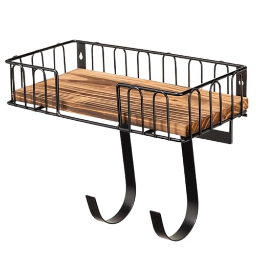Soporte para placa de planchado - organizador de hierro de metal, plataforma de madera | Sala de lavandería con ganchos, cesta de almacenamiento montada para decoración 'organizazi