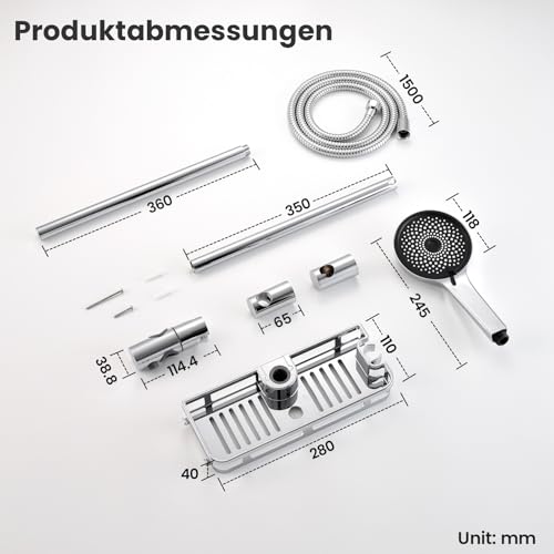 Duschstange Komplettset ohne Duscharmatur, mit ohne Bohren Ablage, 5-fach Handbrause-Höhenverstellbarer, Edelstahl Schlauch, 70cm Duschsystem mit Duschbrause für Kabine/Badewannen, ohne Regendusche