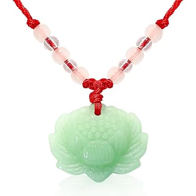 BuleVina Lotus Pendant Necklace Jade Lucky Charm with Red Cord for Men Women, Fashion Natural Green Amulet Jewelry Gifts 24 Inch Rope