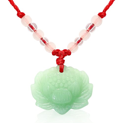 Lotus Pendant Necklace Jade Lucky Charm with Red Cord for Men Women, Fashion Natural Green Amulet Jewelry Gifts 24 Inch Rope