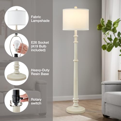 Image of Floor Lamps for Living Room - 60 inch Farmhouse Floor Lamp with Adjustable Color Temperatures - Vintage Standing Lamp Reading Light with Linen Shade Retro Tall Lamp for Bedroom Office, Almond White