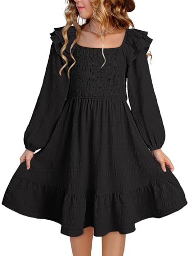 Girls Dresses with Tiered Ruffle Long Sleeve and Side Pockets, Smocked Fall Spring Dress for 6-13 Years