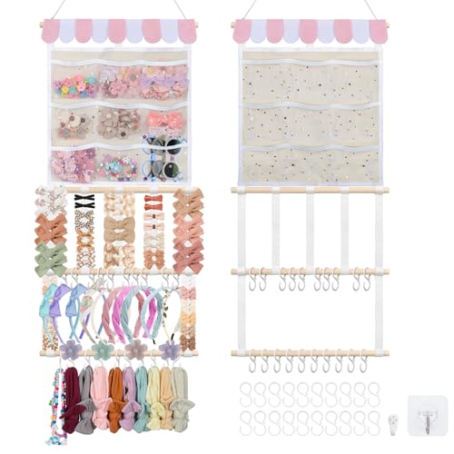 Image of iHansee New Upgraded Bow Organizer for Girls, Headband Holder w/ 9 Mesh Pockets,Hair Bow Holder Clip Organizer, Wall Hair Accessories Organizer for Baby Girl Nursery Decor(32x15inch,Beige Pink)