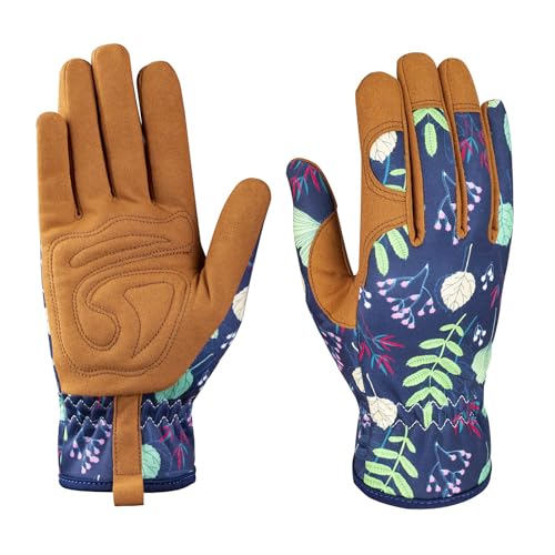 Women’s Leather Gardening Gloves – Thorn-Resistant Floral Garden Gloves with Reinforced Leather Fingertips, Breathable & Flexible Design for Weeding, Digging, Planting, Pruning & Yard Work