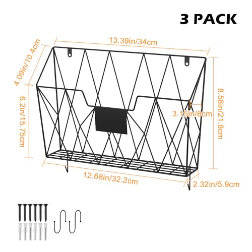 UOMIO 3 Stück Wandhalter Zeitschriften Metall, Wandhalterung Organizer Schwarz, Prospekthalter Wand, Aktenregal mit 2 S-Haken, Wandaufbewahrung für Büro Schule