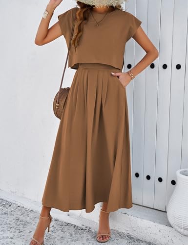 Image of Mingzhu Womens 2 Piece Outfits Skirt Set Summer Casual Cap Sleeve Crop Tops Maxi Dress Sets with Pockets