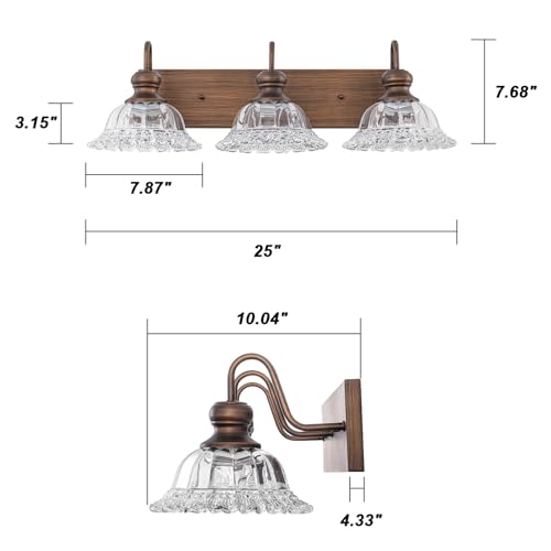 Image of EDISLIVE ORB 3-Light Vintage Vanity Light for Bathroom Bath Wall Light Fixture with Clear Flower Glass Shades 25 inch E26 Antique Wall Sconce for Bedroom Hallway Living Room Vanity Mirror
