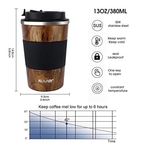 Tlater Travel Mug, 380ml Insulated Coffee Cup Travel Mug with Leakproof Lids - Double Walled Vacuum Stainless Steel Travel Coffee for Hot & Cold Drinks, Water and Tea