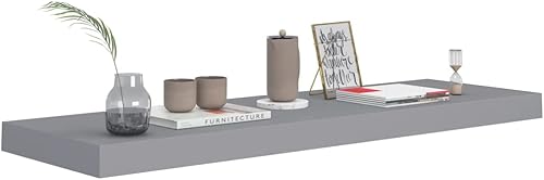 Miniatura 3 de 2 estantes flotantes montados en la pared, estantes de pared de MDF grises para dormitorio con soportes invisibles, estantes grises para decoración