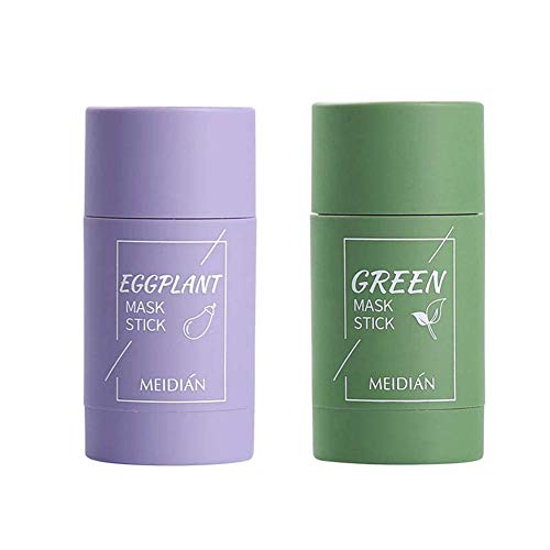 2 Pcs Green Tea Purifying Clay Stick Mask, Eggplant Purifying Clay Stick Face Moisturizes Oil Control Deep Clean Pore Improves Skin for All Skin Types Men Women