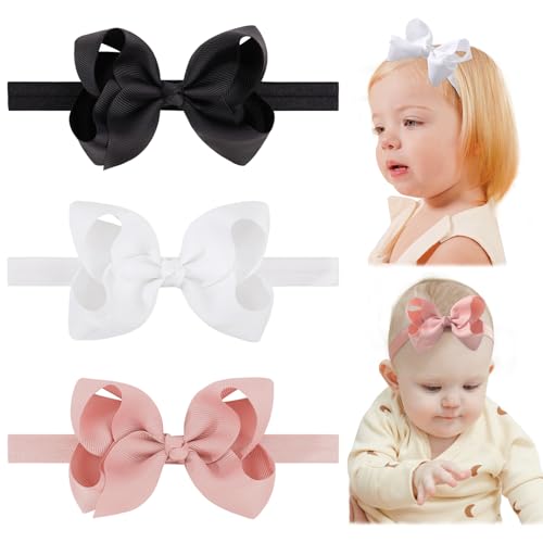 jollybows 3 PCS Hairband Grosgrain Ribbon Headbands for Baby Girls Infants Toddlers Kids Teens and Children - 4- Black White Pink (1 Set, 3 Count, Pack of 1) 4- Black White Pink 3 Count (Pac