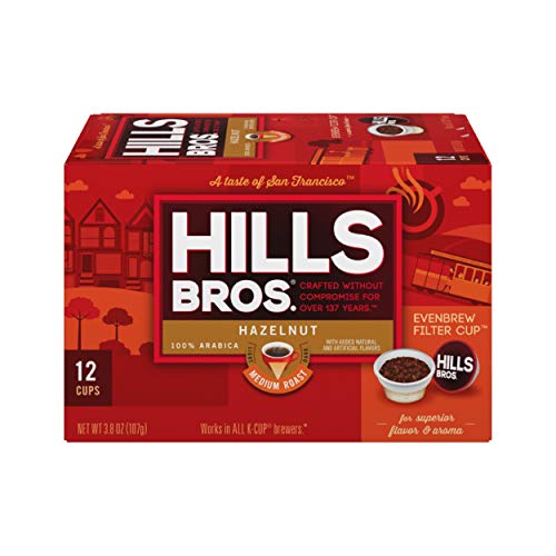 Hills Bros Single Serve Coffee Pods, Hazelnut, Medium Roast, 12 CountKeurig Compatible, Roasted 100% Premium Arabica Coffee, Slightly Sweet and Nutty Flavor