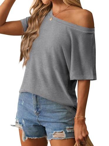 Image of Hilinker Womens Sexy Off The Shoulder Tops Short Batwing Sleeve T Shirt Oversized Casual Tee