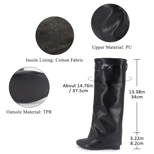 Fold Over Boots Women's Knee high Shark Boots Pointed Toe Wedge Heel Flat Shoes For Fall Winter Dress Boots2