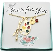 MOM & THREE DAUGHTERS Enamel Artist Palette and Paint Brush Necklace. Personalized Birthstone. Custom Chain Length.