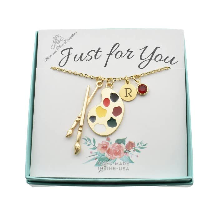 MOM & THREE DAUGHTERS Enamel Artist Palette and Paint Brush Necklace. Personalized Birthstone. Custom Chain Length.
