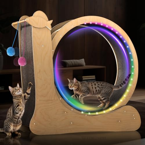 YUIEE Cat Wheel,LED Cat Wheels for Indoor Cats Fitness,DIY Rainbow Runs,Solid Wood Exercise Wheel Running Treadmill with Color-Changing Light Strips,Scratch Pad and Brake