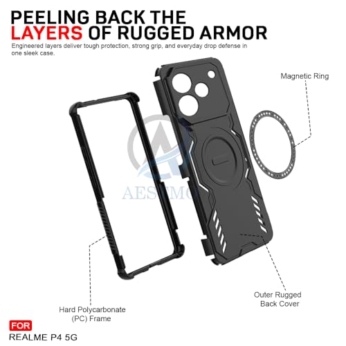 Image of AESTMO Back Case Cover for Realme P4 5G | Magnetic Case with Built-in Metal Ring | Compatible with MagSafe Accessories | Shockproof Hybrid (PC + TPU, Black)