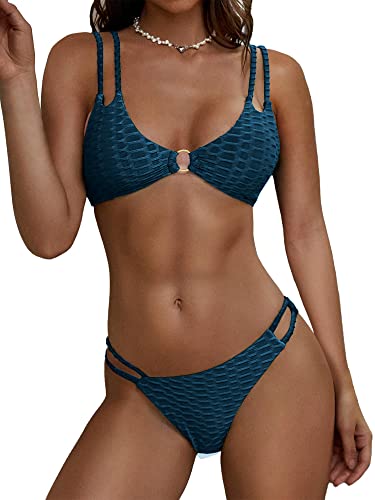 Zaful Women's O-Ring Bikini Double Shoulder Straps Bikini Set Cheeky Bottom Two Piece Swimsuit Bathing Suit(2-Peacock Blue, S) #TOP25