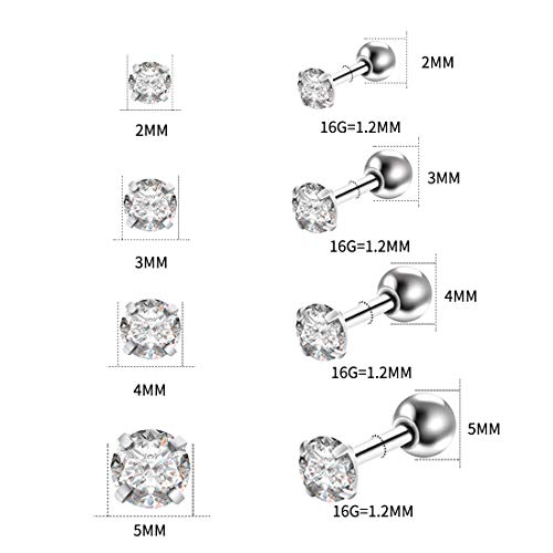 8Pcs Cartilage Earrings Stud Sets With Cubic Zirconia,16G Surgical Steel Helix Earrings Piercing Jewelry,2Mm-5Mm,Silver #TOP2