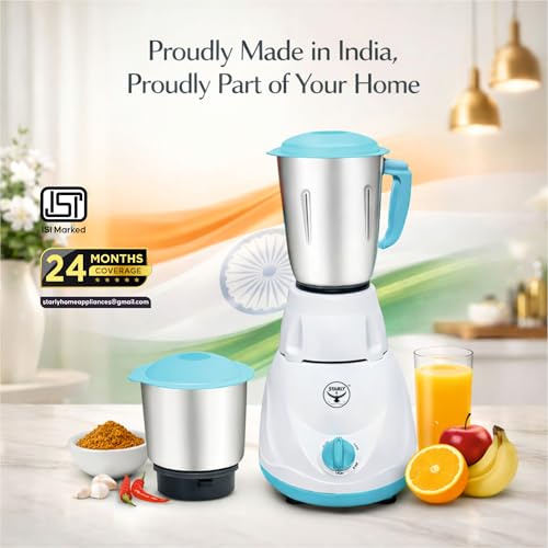 Image of Starly Grind Force 750W Mixer Grinder | 3 Stainless Steel Jars | ABS Body | 2 Years Warranty | Powerful & High Speed Mixie for Grinding, Mixing, Juicing (Blue & White)