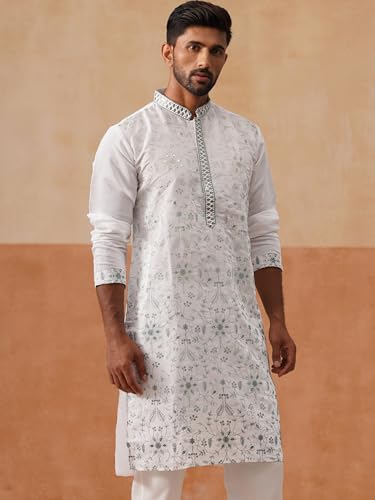 Image of Jompers Men's Silk Blend Embroidered Kurtas (White, M)