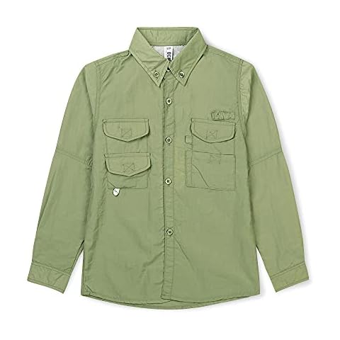 Aeslech Boys' Long Sleeve Button Down Explorer Scout Shirt, Quick-Dry UV Sun Protection Outdoor Tops Fishing Hiking Safari Light Green Tag 130-6-7Y Cover