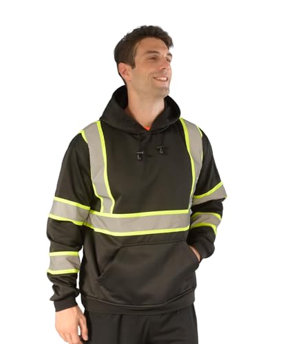 sesafety Class 3 Hi-Vis Hoodie for Men, Reflective Safety Sweatshirt, Black High Visibility Hooded Pullover