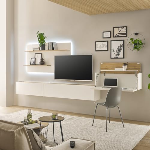 Lomadox Wohnwand mit Homeoffice-Lösung weiß mit Eiche 4-teilig modern, 1 Wandpaneel mit Beleuchtung, 1 TV-Hängeschrank, 1 Hängeschrank, 1 Hängesekretär