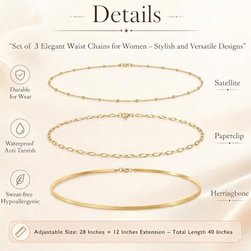 Image of VAMA FASHIONS 18K Gold Plated Belly Chain Anti Tarnish Adjustable Waist Hip Belt Beads Herringbone Saree Kamarbandh Beach Body Chain Combo Jewelry for Women & Girls