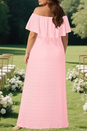 Image of Pinup Fashion Women Plus Size Summer Casual Off Shoulder Eyelet Maxi Dress | Breathable eyelet fabric,elegant ruffle,high waisted,stylish belt,side split,handy pockets,ideal for summer, wedding guest.