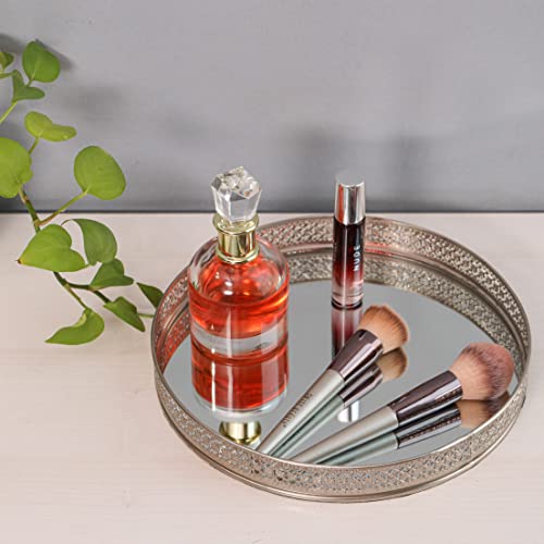 Image of Craft Brio -A TRENDY HANDICRAFTS Round Glass Mirror Gold Plated Tray Decorative Vanity Perfume Storage Pooja Wedding Gifting Display Laser Cutting Trays (25 X 3 H cm)