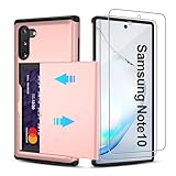 for Samsung Note 10 Case with Card Holder and (2 Pcs) HD Screen Protector, Slim Heavy Duty Dual Layer Shockproof Design & Hidden Card Slot Wallet Case for Samsung Note 10-Rose Gold