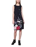 rmelloses schwarzes Kleid mit Chiffon nach oben drapiert Blume und Vogel-Druck.
