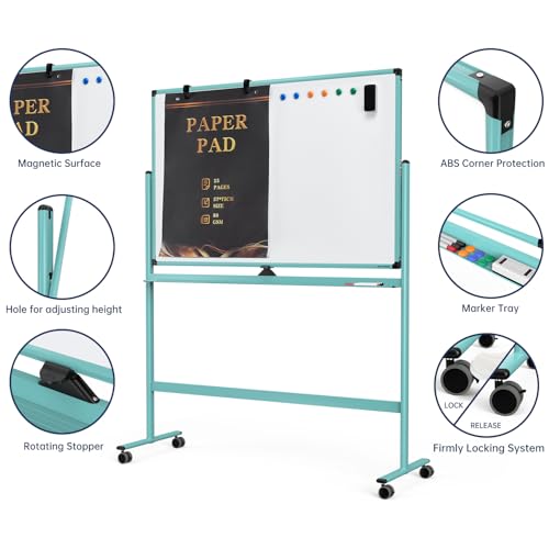 Image of Large Dry-Erase Rolling Magnetic Whiteboard - 48 x 32 Inches Dry Erase Board with Stand Height Adjust Double Sides Mobile White Board Easel on Wheels with 25 Sheets Paper Pad Office, Home & Classroom