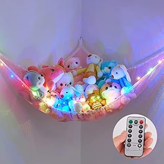 Beinou Toy Hammock Stuffed Animal Storage Large Corner Hanging Mesh Net Soft Cuddly Plush Organizer with LED Light Remote Control for Kids Bedroom Nursery