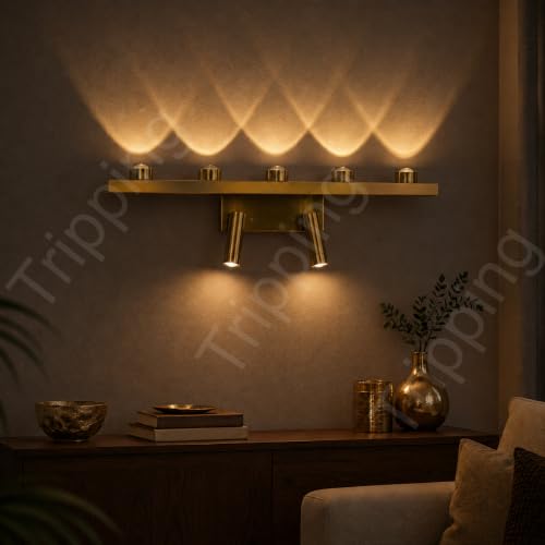 Image of Modern Brushed Gold 7-Light LED Wall Fixture with 5 Fixed Wall-Washer Lights and 2 Adjustable Reading Spotlights, Warm White 3000K Decorative Indoor Wall Lamp for Living Room and Hotel, 44 x 6 x 6 cm