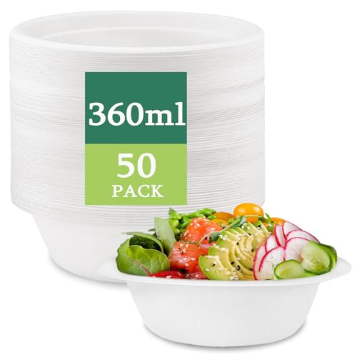 ECOSTAR Cuencos Desechables, Cuencos Rígidos de Bagazo,Vajilla desechable Biodegradable extrafuerte de Color Blanco,Alternativa Natural al Plástico, Para Fiestas/Picnics/Hogar (50, 360ML)