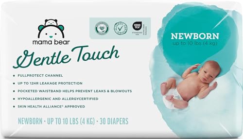 Image of Amazon Brand - Mama Bear Gentle Touch Diapers, Size Newborn, Keeps Baby Dry, Skin Safe, Formulated without Fragrance, 30 Count