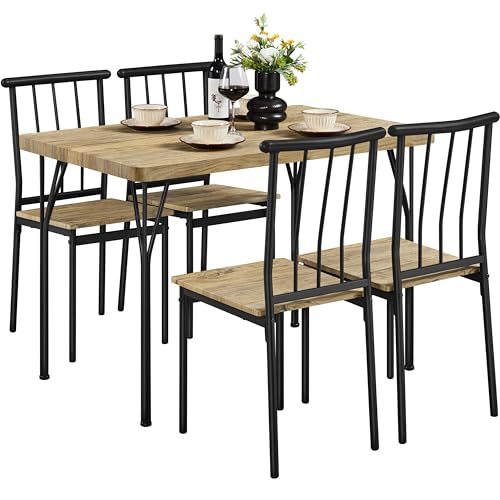 Yaheetech Juego de Mesa y Sillas de Comedor, Mesa de Cocina con 4 Sillas, Tablero de 4 cm de Grosor, Madera MDF y Metal, Estilo Industrial Ahorra Espacio para Terraza, Salón y Sala de Estar, Marrón