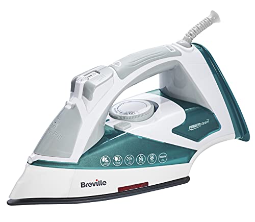 Breville POWERSTEAM 2600 W, żelazko parowe, płyta ceramiczna, uderzenie parą 220 g, pionowy strumień pary 50 g/min, automatyczne wyłączanie, biały/turkusowy