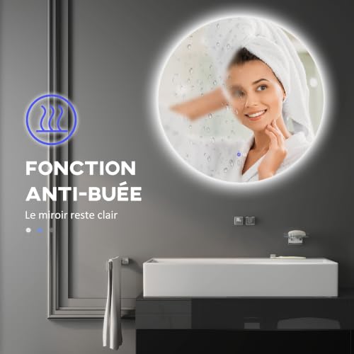 Miroir Rond LED 80 cm Anti-Buée Salle de Bain Kleankin