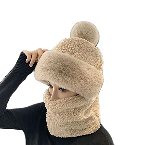 Damen Winter Beanie Mützen Einteilige Fleece Sturmhaube Mützen Schal Maske Set Warm Kapuze Halstuch Ski Schnee Mütze mit Pom Pom, khaki, Einheitsgröße Cover