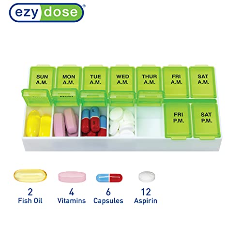 Image of Ezy Dose Weekly (7-Day) Daily AM /PM Pill Organizer, Vitamin Planner, and Medicine Container, Case for Supplements and Fish Oils, Medium Compartments, 2 Times a Day, Green, BPA Free