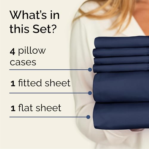 Image of Queen 6 Piece Bed Sheet Set - Soft, Breathable & Cooling Sheets - Navy Blue | Ultra-Soft Hotel Luxury Bedding Set w / 8-16 Inch Deep Pockets, 1 Flat & 1 Fitted Sheet & 4 Pillowcases, Wrinkle & Fade Free