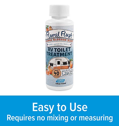 Image of Camco 41481 Floral Flush RV Toilet Treatment Singles, Orange Blossom Scent - Eliminates Odors and Breaks Down Waste - Each Bottle Treats Up to 40-gallons - Contains (6) 4 oz. Bottles (Pack of 4)