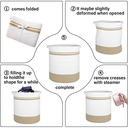 Oiahomy 80L Laundry Basket, Laundry Hamper, Cotton Rope Storage Basket With Handles, Decorative Woven Basket For Living Room,Storage Baskets For Clothes, Blankets, And Toys -20"×18"-Yellow&White #TOP6