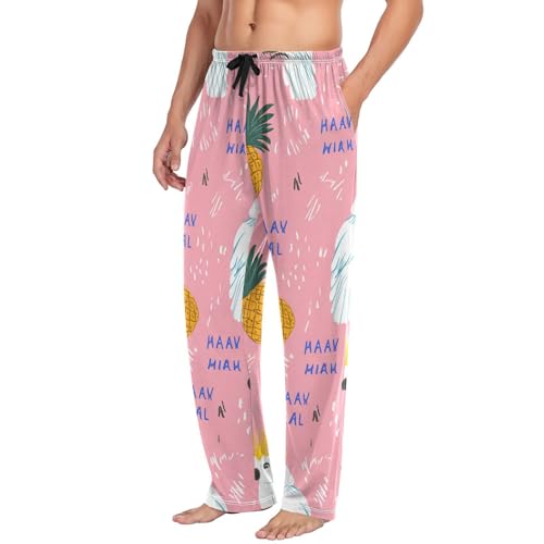 Men's Pajama Pants Cockatoos Pineapples Pink Sleep Pajama Lounge Pant with Pockets, Elastic Waistband4