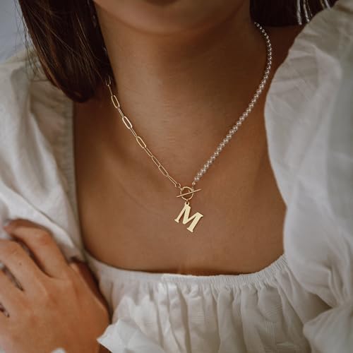 Yoosteel Dainty Initial Pearl Necklace For Women, 14K Gold Plated Paperclip Link Chain Necklace Toggle Clasp Necklace Initial Necklaces Gold Jewelry For Women Letter M thumb #1
